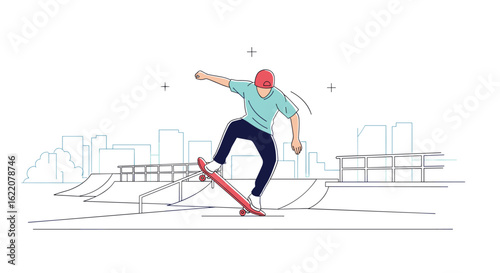 Young skater performs amazing trick on city street capturing the thrill of urban sport and youthful freedom