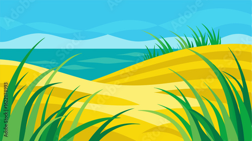 The beach is alive with the vibrant greens and yellows of sea grass their blades dancing in the breeze as they sway atop the rolling dunes.