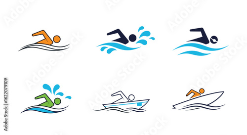 Collection of stylized swimming icons representing athletic motion and water dynamics