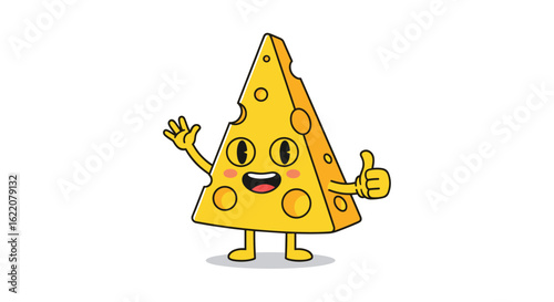 A cheerful wedge of swiss cheese character waving and giving a thumbs up gesture