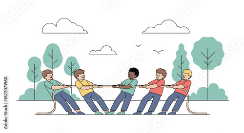 Children of diverse backgrounds engage in a friendly tug of war competition outdoors under a clear sky