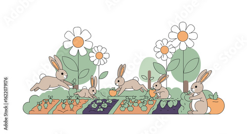 Spring celebration with bunnies frolicking in a flourishing garden among blooming daisies and lush greenery