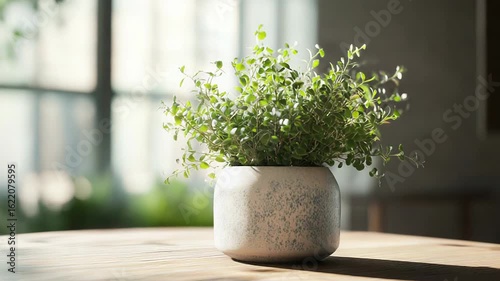 Soleirolia soleirolii plant growing in white pot on wooden table in modern apartment