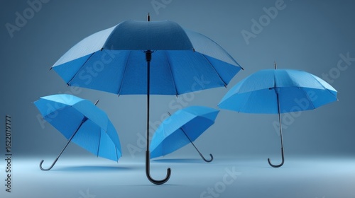Four vibrant blue umbrellas against a muted blue background