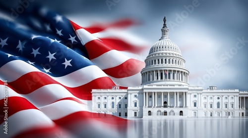 Waving American flag in front of US Capitol building representing democracy, national identity, and political structure of the United States, Generative AI