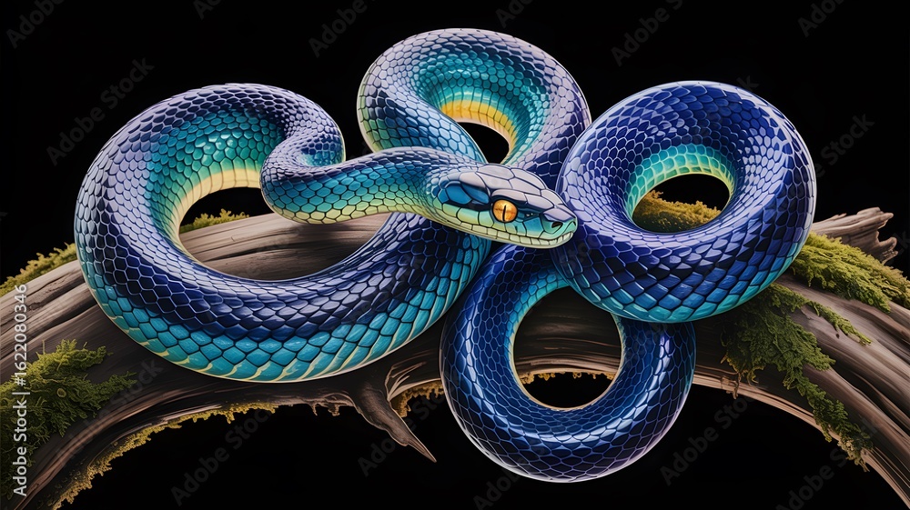 Obraz premium Iridescent Blue Snake with Rainbow Scales in Figure Eight Coil Pattern