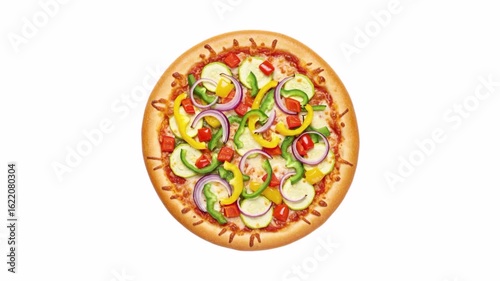 Top view vegetable pizza isolated on white background. 4k animation video.