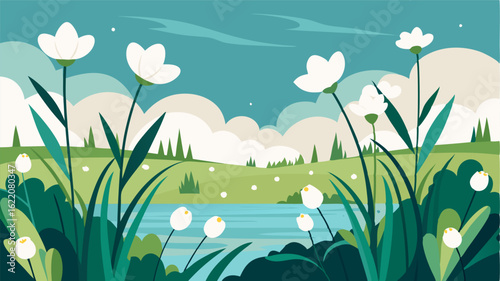 The landscape is dotted with s of delicate white flowers blooming in perfect harmony with the marsh grasses.