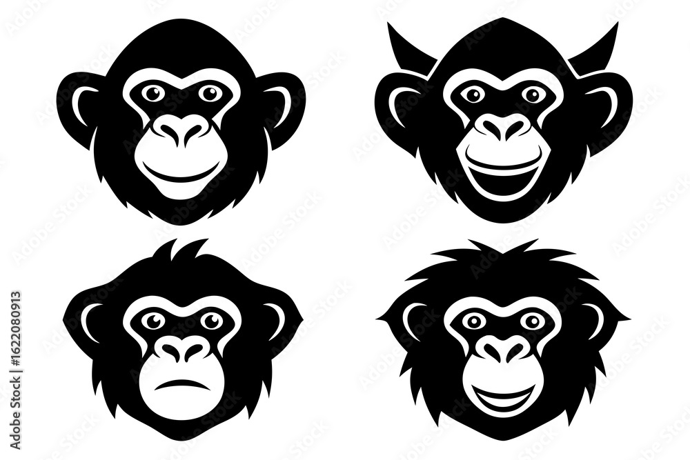 Fototapeta premium set of Monkey head vector silhouette illustration isolated on white background