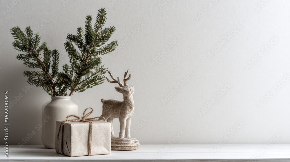 Fototapeta premium Minimalist Christmas decor on a white shelf