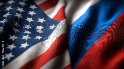 Diplomatic relations between usa and russia international flags textile art close-up symbolism