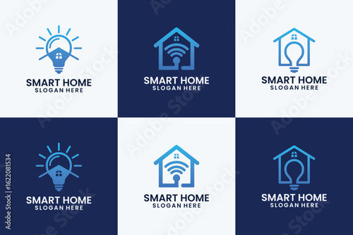 Four variations of a logo design for a smart home, featuring a house and lightbulb combined with a wifi symbol.