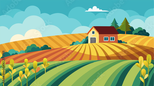Neatly arranged rows of cornfields and wheat fields cover the rolling farmlands with a quaint farmhouse nestled on a hill peeking through the greenery.