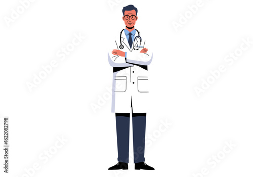 Confident doctor in lab coat, ready to help patients feel better with compassionate medical expertise