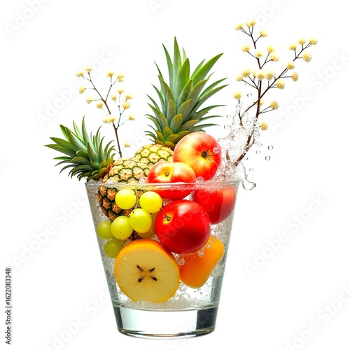 白色背景中，晶瑩剔透的水波紋中，點綴著閃閃發光的新鮮成熟蘋果、葡萄、鳳梨、荔枝、鮮綠色的南瓜葉和纖細的樹枝