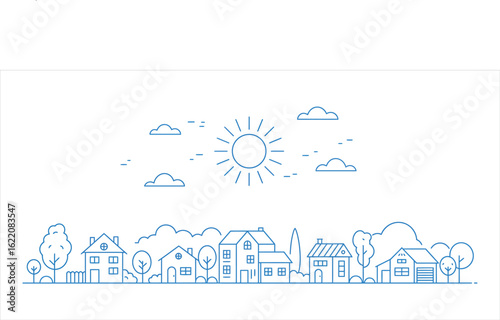 Blue line art village scene with sun and clouds on white background town houses