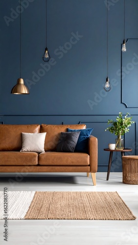 Brown leather sofa against a deep blue wall, complemented by a jute rug and minimalist d?cor
