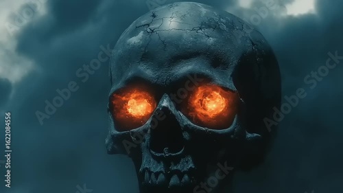 Skull with fiery eyes against stormy clouds
