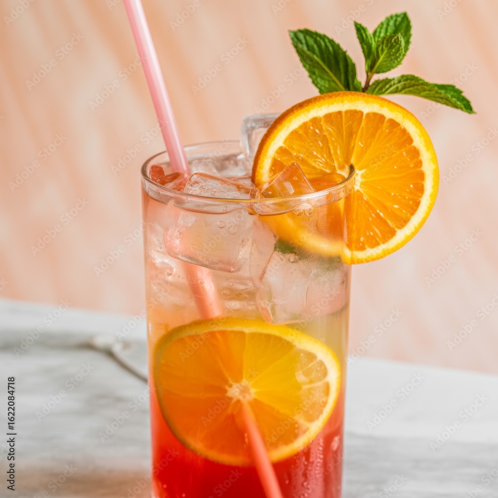 Vibrant layered cocktail orange slices mint drink beverage Vibrant layered cocktail orange slices mint drink beverage