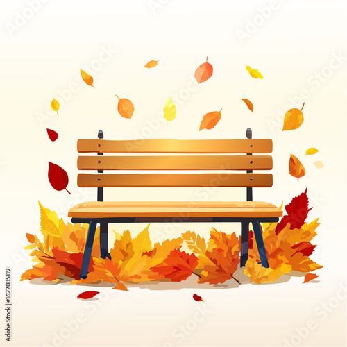 Autumn park bench covered with colorful fallen leaves, soft afternoon light