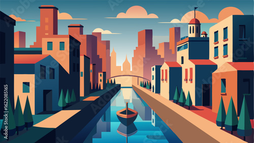 Tall buildings cast their shadows onto the peaceful canal where boats of all shapes and sizes patiently wait to pass through the locks. A gentle breeze carries the scent of freshly