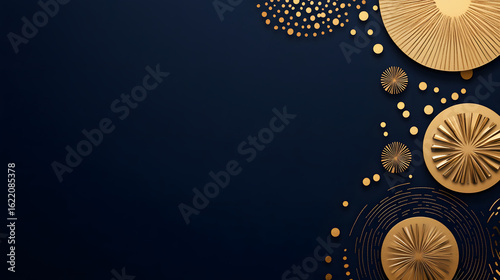 Elegant gold geometric patterns on a dark background create a sophisticated visual effect.