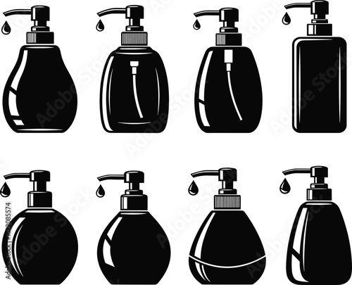 Modern soap dispenser set, liquid container design, pump bottle illustration, bathroom decor, kitchen accessory, hygiene product, stylish lotion bottle, sanitizer