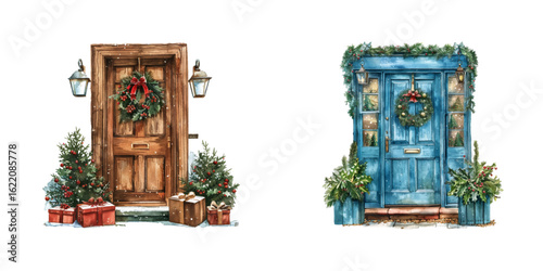 christmas decorated door watercolor vector illustration