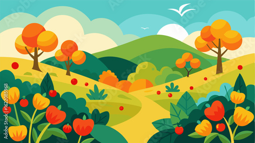 Nestled a rolling hills a peaceful orchard boasts a colorful display of orange yellow and red flowers on its citrus trees.