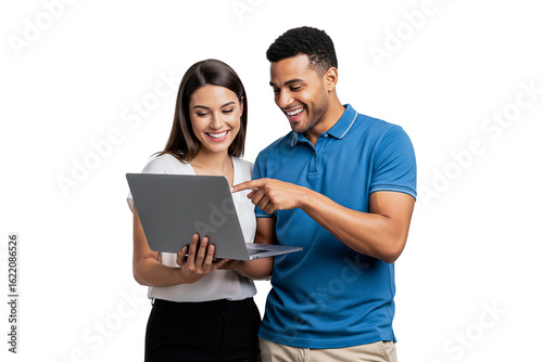 young couple with laptop isolated on white  