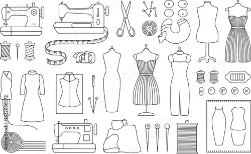 Sewing and fashion design icon set in black and white – dress forms, sewing tools, mannequins, fashion sketches, and tailoring equipment vector