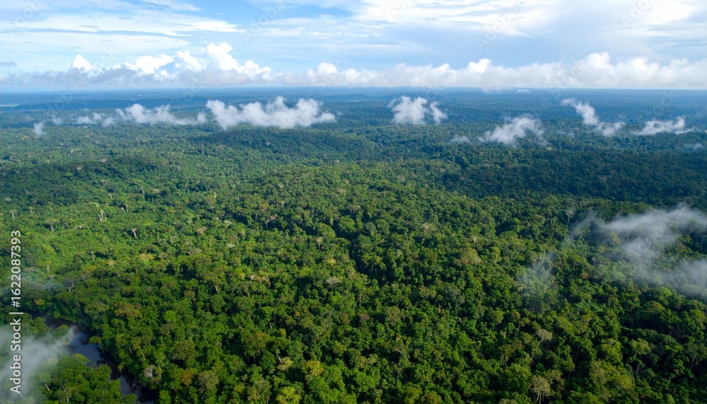 Fototapeta premium Aerial View of Lush Rainforest Canopy with Clouds, Drone Photography, Amazon, Nature Rainforest, Aerial Photography