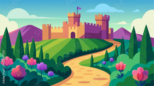 The castle grounds are a picturesque oasis with meandering paths lined with vibrant flowers. The towering castle walls provide a sense of protection and majesty.