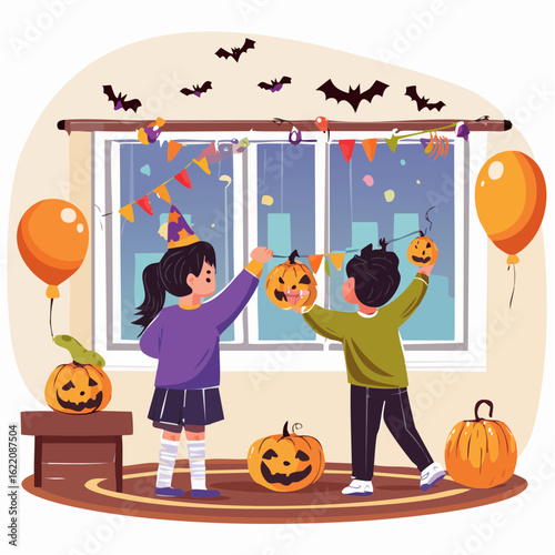 Children decorating a room with Halloween ornaments, viewed from behind, cozy mood