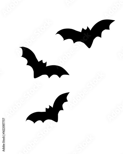 A silhouette image of three bats flying at night. The simple black design highlights the wings and body shapes of the bats. Perfect for themes like horror, Halloween, or nighttime nature.