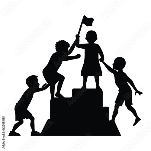 A powerful silhouette vector illustrating teamwork and community. This graphic shows a diverse group of children collaborating on a large sandcastle. Perfect for educational materials, community cente