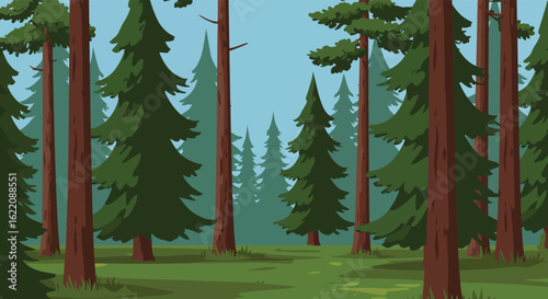 Cartoon forest scene with tall pine trees and green grass background