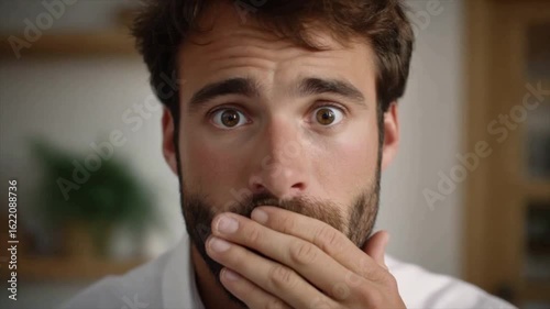 A man with brown hair and a short beard, looking shocked while holding his hand over his mouth