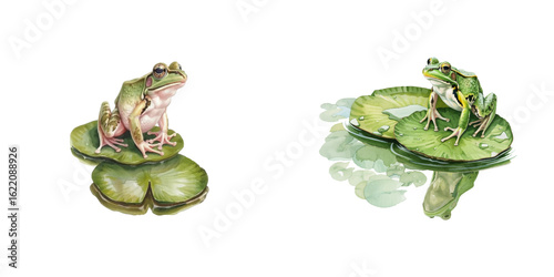 frog jumping on lily pads watercolor vector illustration