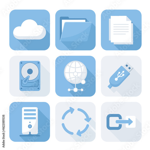 Collection of Modern Technology Icons with Long Shadows on Blue Squares.