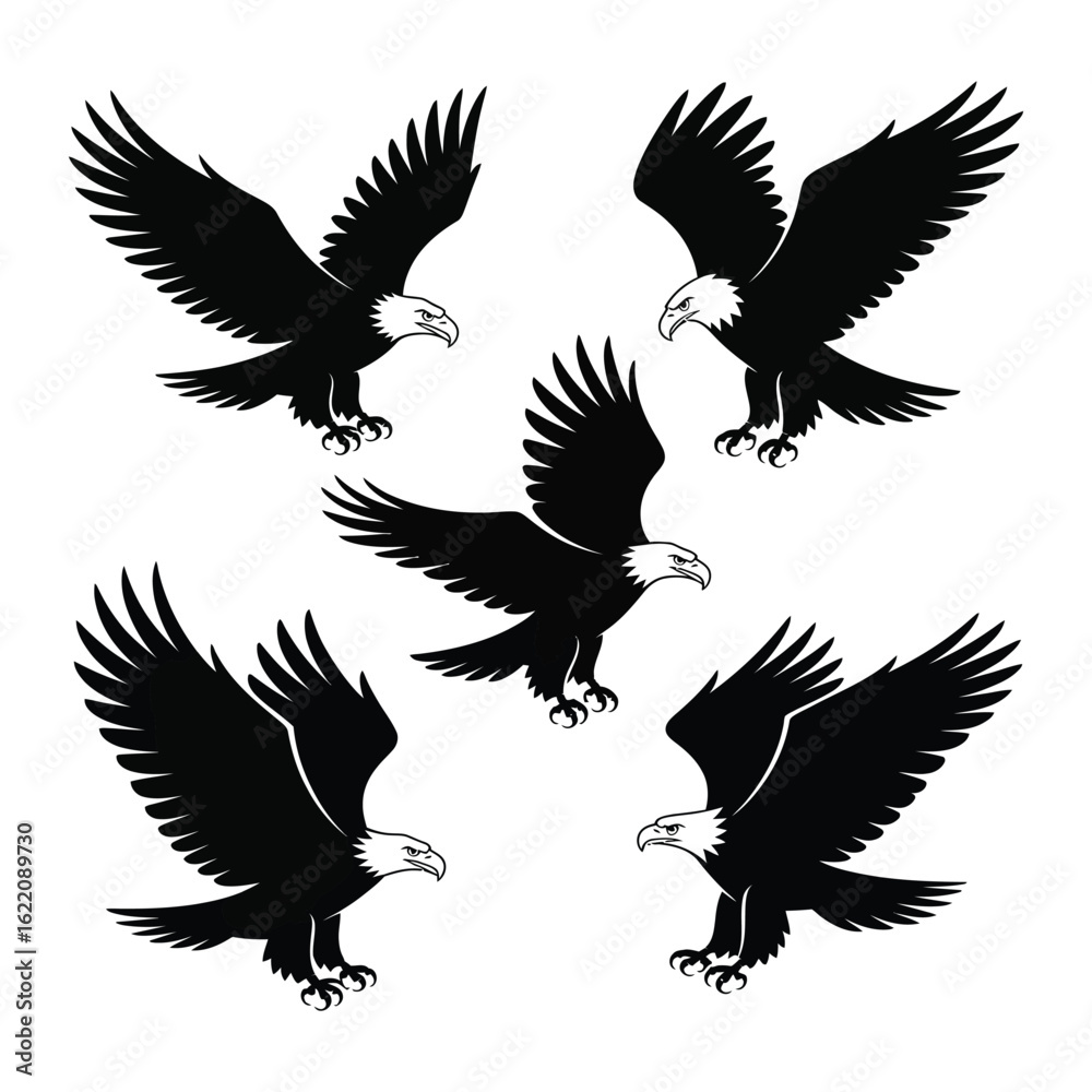 Fototapeta premium Majestic bald eagles in flight silhouettes displaying powerful wings and fierce expressions