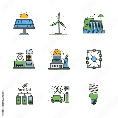 Colorful Icons Depicting Renewable Energy Sources and Sustainable Technology Concepts.
