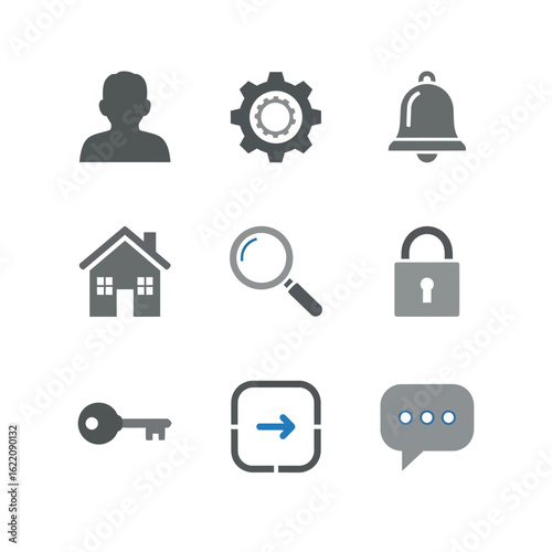 Simple Grey and Blue Icon Set for Digital Interface Design.