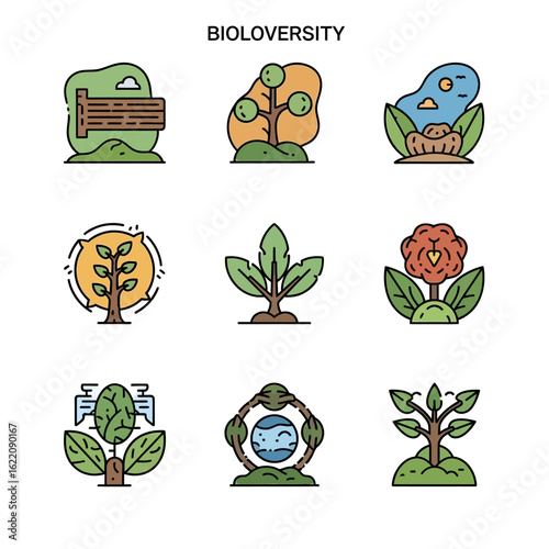Colorful Biodiversity Icons Representing Natures Diverse Ecosystems and Elements.
