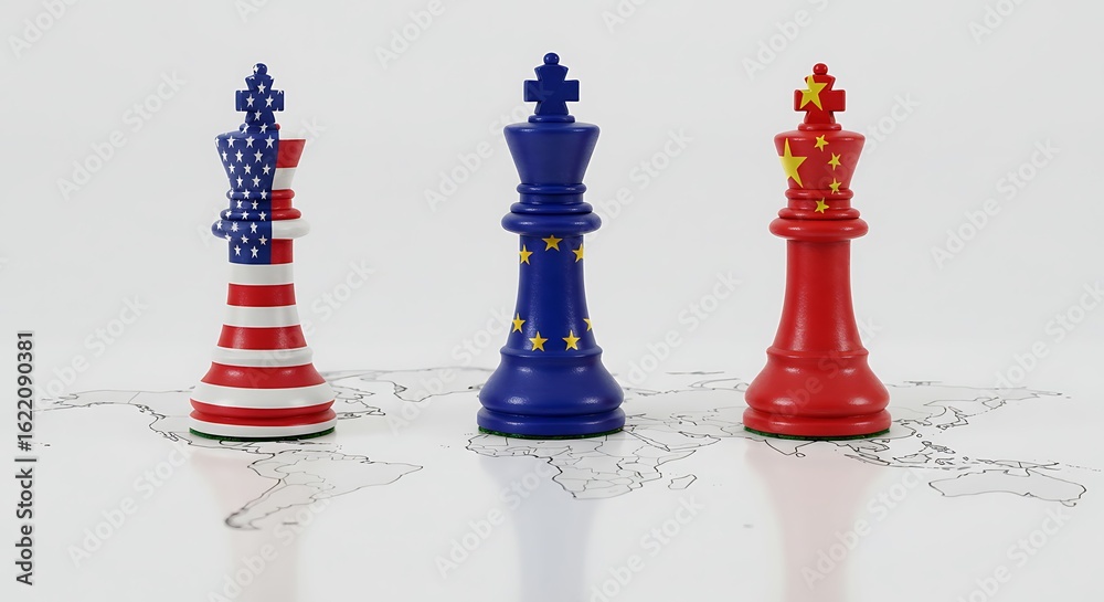 Naklejka premium Global power competition concept featuring chess pieces on world map