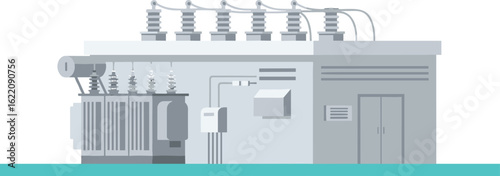 Modern electrical substation building vector, high voltage transformer system, utility infrastructure illustration, power distribution, energy station, control facility