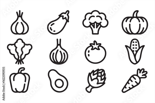 Collection of hand-drawn vegetable icons including onion, pumpkin, broccoli, corn, and more for digital use