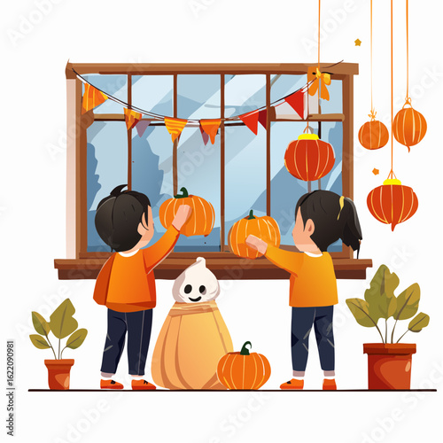 Children decorating a room with Halloween ornaments, viewed from behind, cozy mood