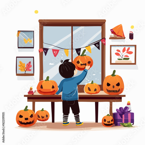 Children decorating a room with Halloween ornaments, viewed from behind, cozy mood