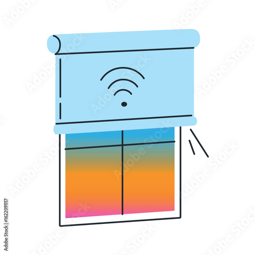 Flat cartoon vector illustration of smart blackout roller blinds with Wi Fi control. Concept of smart home, healthy sleep, remote automation and modern comfort, modern blinds icon